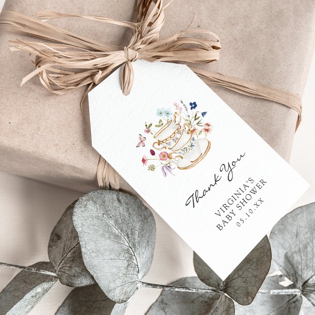 Baby Teaparty Presentkort Presentetikett (Wildflower Butterfly Baby Shower Tea Party Gift Favor Thank You Tag by Painted Paperie
)