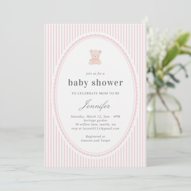 Baby Teddy bear Baby shower Invitation_Pink  Inbjudningar (Stående Fram)