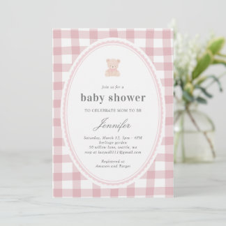 Baby Teddy bear Baby shower Pink Gingham Inbjudningar