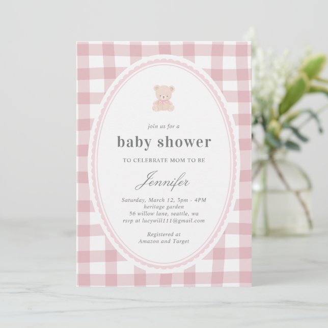 Baby Teddy bear Baby shower Pink Gingham Inbjudningar (Stående Fram)