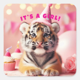 Baby Tiger Cute Baby Reveal Girl Rosa Fyrkantigt Klistermärke