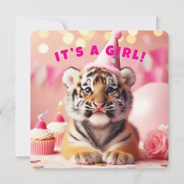 Baby Tiger Cute Baby Reveal Girl Rosa Inbjudningar (Framsida)