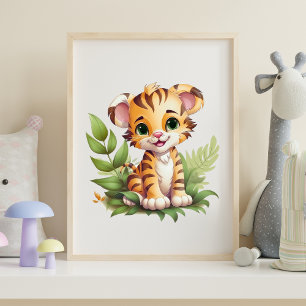 Baby Tiger Dschungelblad Barnrum Väggkonst