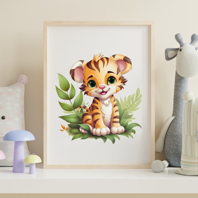 Baby Tiger Dschungelblad Barnrum Väggkonst  (Baby Tiger with Jungle Leaves Nursery Wall Art Poster Print Available in many sizes, Framed or not)