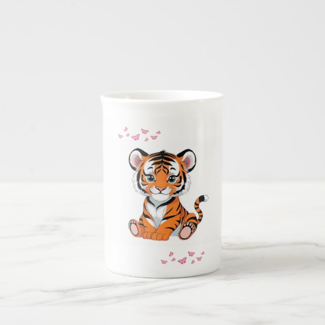 🐯Baby Tiger Konst med Rosa Fjärilar - Benporslin Mugg (Framsidan)