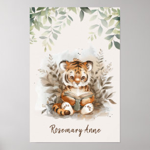 Baby Tiger Läsning Böcker Nursery Djur Dschungel  Poster