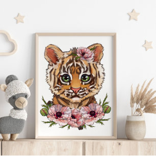 Baby Tiger Rose Djurplansch Söt Tigerkonst Poster