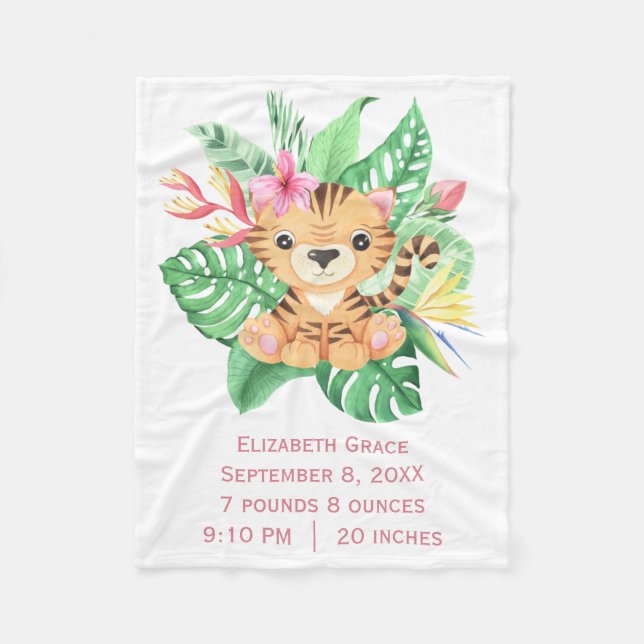 Baby Tiger Tropiska Blommor Födelse Statistik  Fleecefilt (Framsidan)
