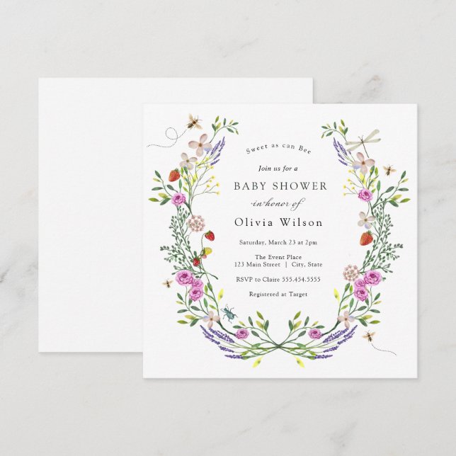 Baby till Bee Boho Blommigt Baby Shower Inbjudningar (Fram/baksida)