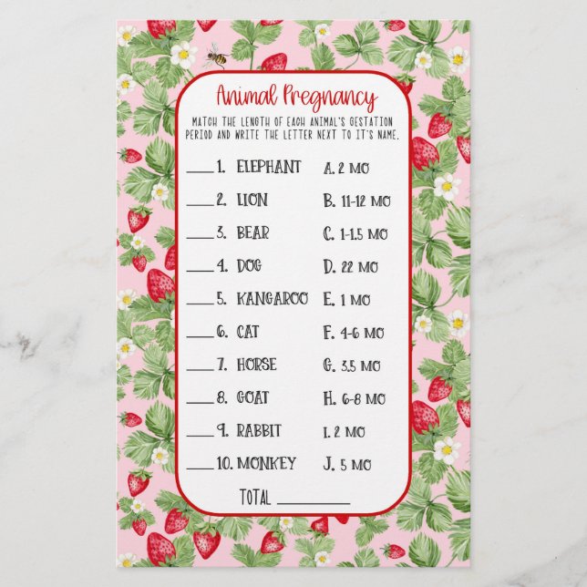 Baby till Bee Strawberry Animal Shower Game Girl Flygblad (Framsidan)