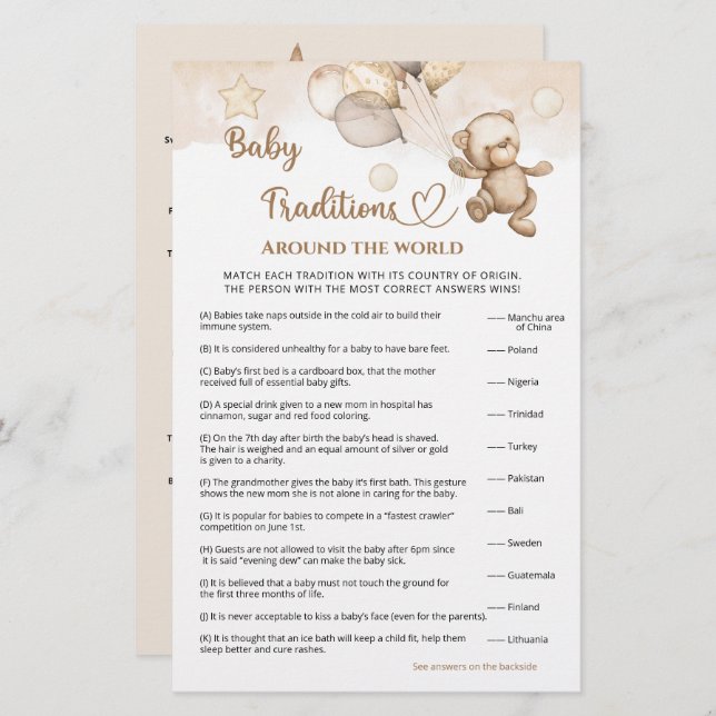 Baby Traditions Baby Bear Baby Shower Game (Fram/baksida)