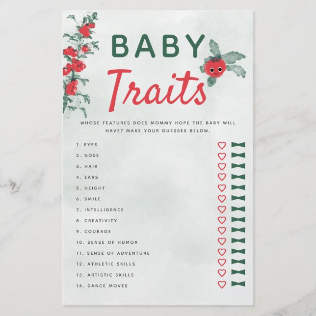 Baby Traits Baby Shower Game Rustic Tomato Vine Flygblad (Framsidan)