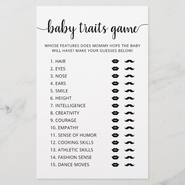 Baby traits game Baby Shower party Game card (Framsida)