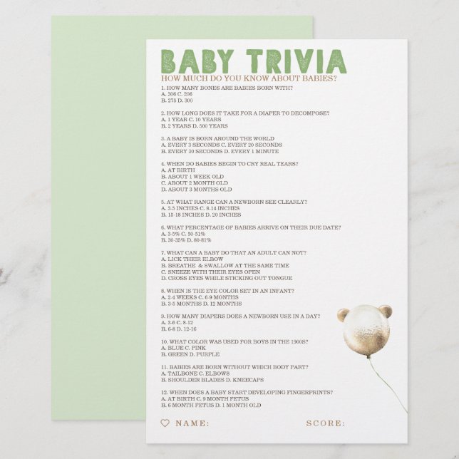Baby Trivia-babystöldspel (Fram/baksida)