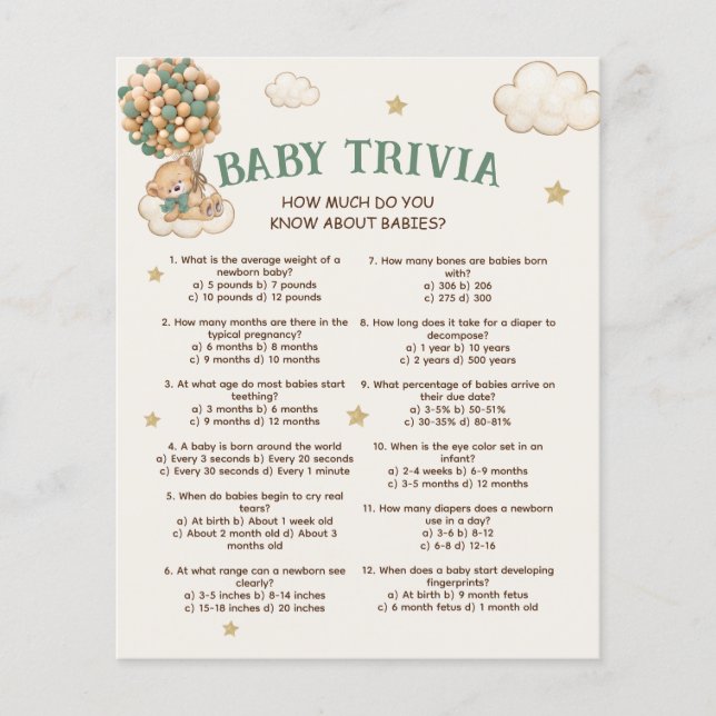 Baby Trivia Björn Ballonger Bebis Shower Lek (Framsida)
