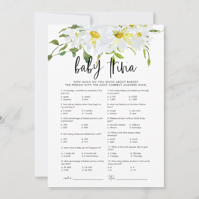 Baby Trivia Daisy Baby Shower blommigt-spelkort Inbjudningar (Framsida)
