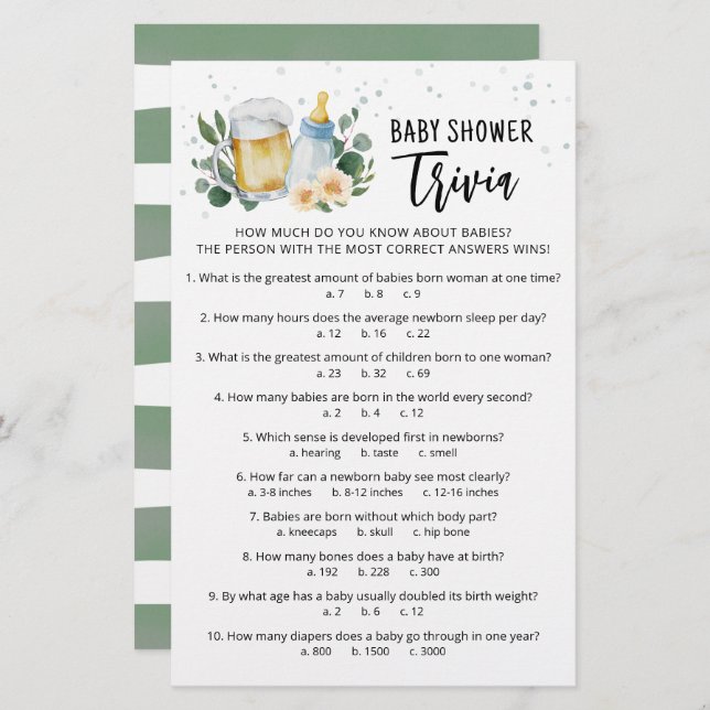 Baby Trivia Game Greenery Baby brinner party (Fram/baksida)