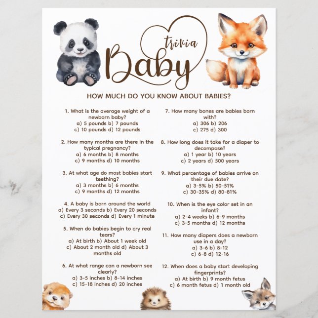 Baby Trivia Skogsdjur Baby Shower-spel (Framsida)