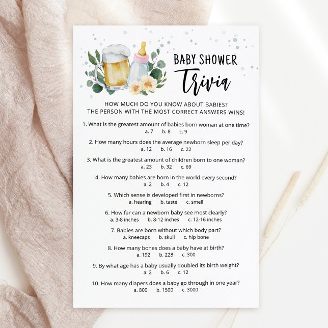 Baby Trivia Spel Grönska Baby Bryggs Rosa (Beer and Floral Baby is Brewing Baby Shower Trivia Game Card)