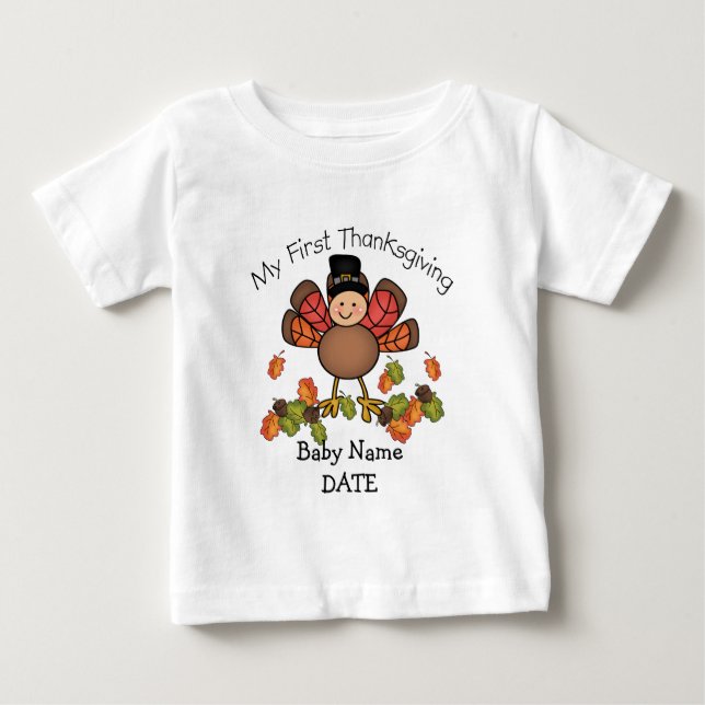 Baby Turkiet Första Thanksgivingen ADD Namn & Date Tee Shirt (Framsida)