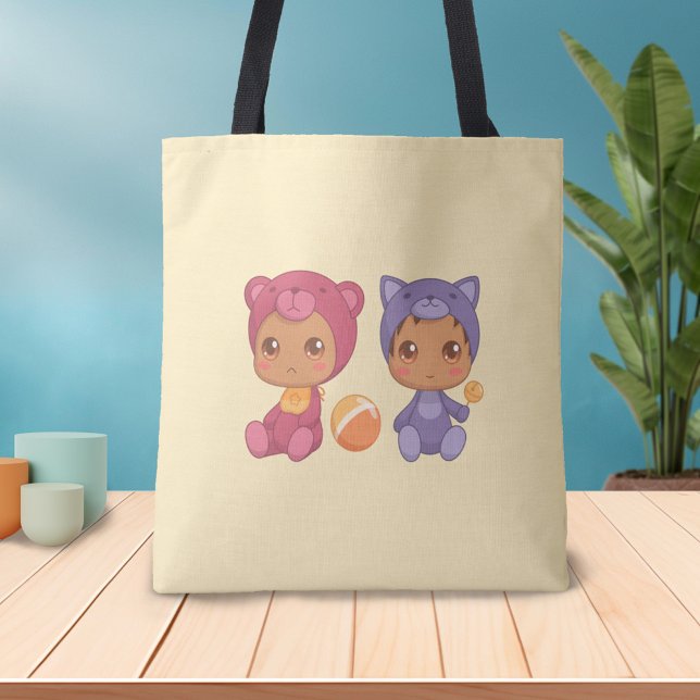 Baby Twillingar Bear Cat Jumpdress på Gult Tote Ba Tygkasse (Skapare uppladdad)