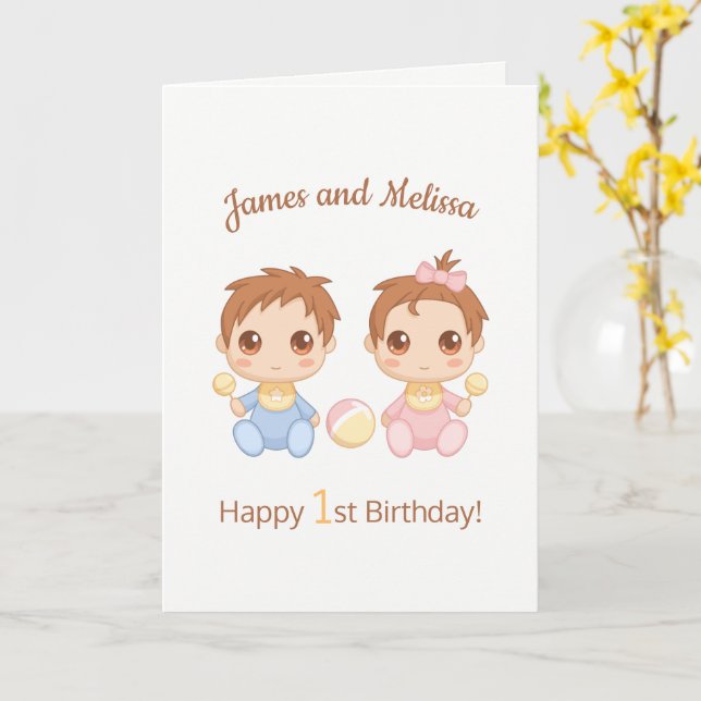 Baby Twillingar Boy Girl First Birthday Blank Kort (Gul blomma)