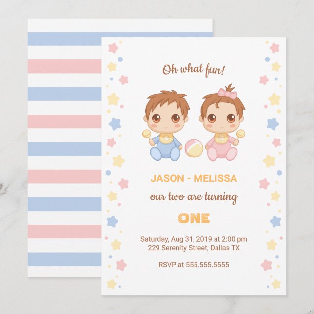 Baby Twillingar Boy Girl First Birthday Inbjudningar (Fram/baksida)