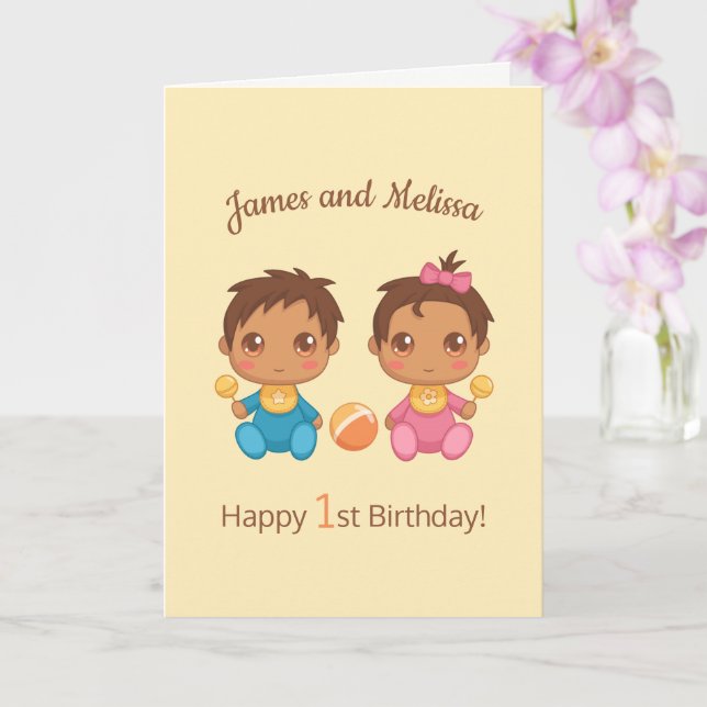 Baby Twillingar Boy Girl Första Birthday Gult Blan Kort (Orkide)