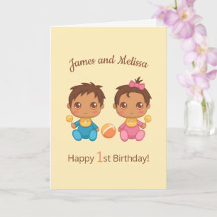 Baby Twillingar Boy Girl Första Birthday Gult Blan Kort