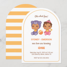 Baby Twillingar First Birthday Girl Bear Jumpdress Inbjudningar