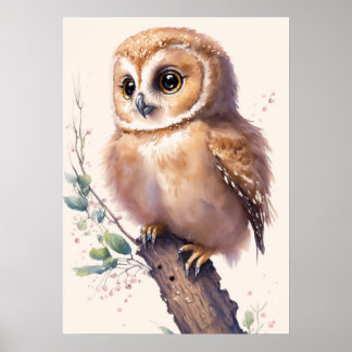 Baby Uggla Watercolor Nursery Poster