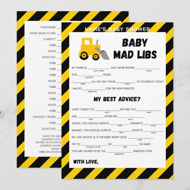 Baby Under Construction Game - Redigerbart Namn, 5 Inbjudningar (Fram/baksida)