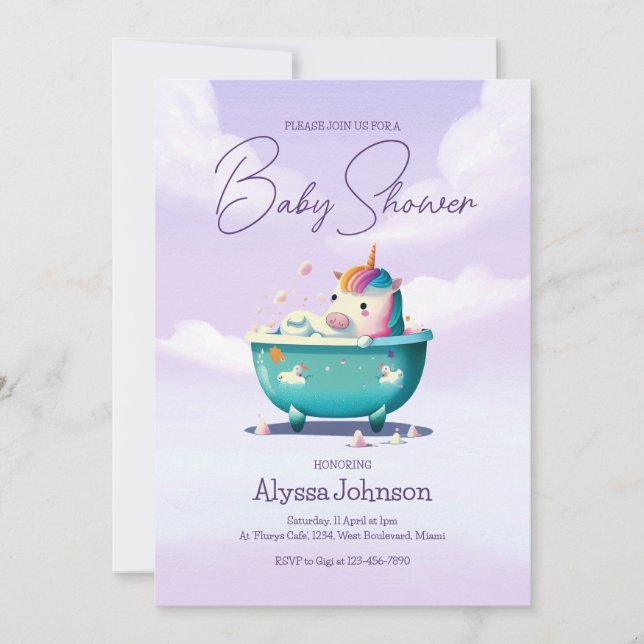Baby Unicorn Bath Time | Inbjudan till babyvisning (Framsida)