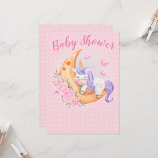 Baby Unicorn över Måne med blommor Inbjudningar