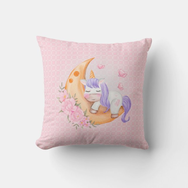 Baby Unicorn över Måne med blommor Kudde (Framsida)