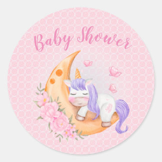 Baby Unicorn över Måne med blommor Runt Klistermärke