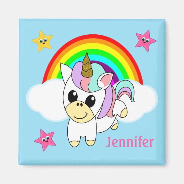 Baby Unicorn Rainbow and Clouds Personlig Magnet (Framsidan)