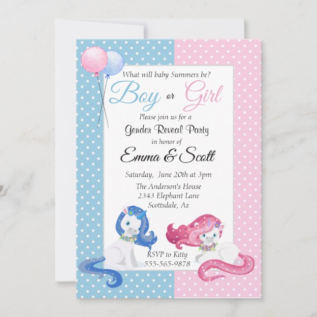 Baby Unicorn Rosa Blue Gender Reveal Party Inbjudningar (Framsida)
