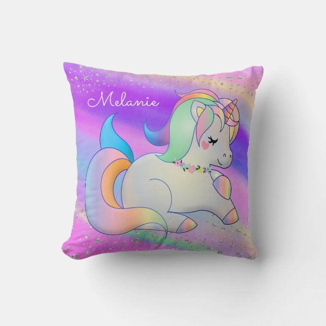 Baby Unicorn Silver Stars Rainbow Kudde (Framsida)