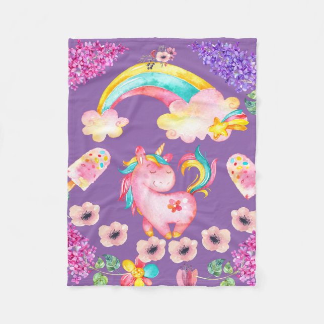 Baby Unicorn spelar trädgårdsblomma Blanket, Baby Fleecefilt (Framsidan)