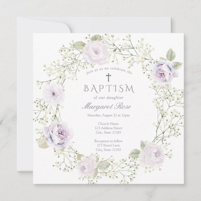 Baby Utandning och Lila Ro Girl Baptism Inbjudningar (Framsida)