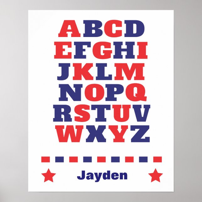 Baby visuell alfabet röd mörk blått abc poster (Framsidan)