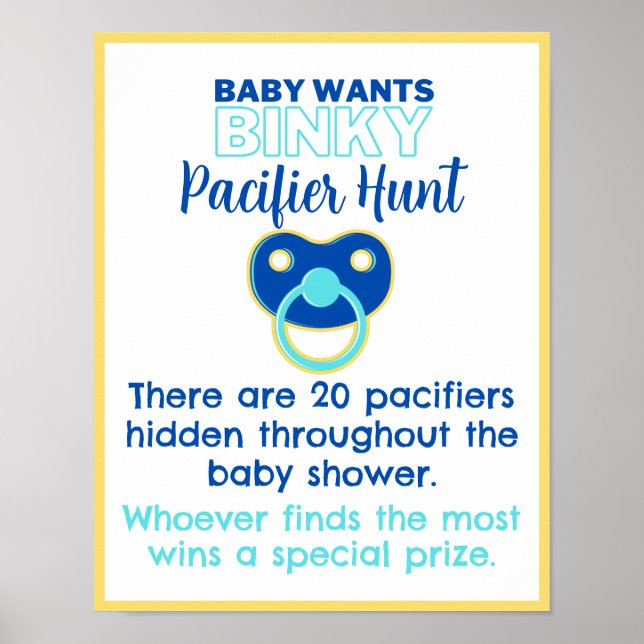 Baby Wants Binky Nappar Hunt Game Baby Shower Poster (Framsidan)