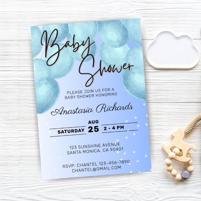 Baby Watercolor Ballower Baby Shower Inbjudningar (blue watercolor balloons baby shower invitation)