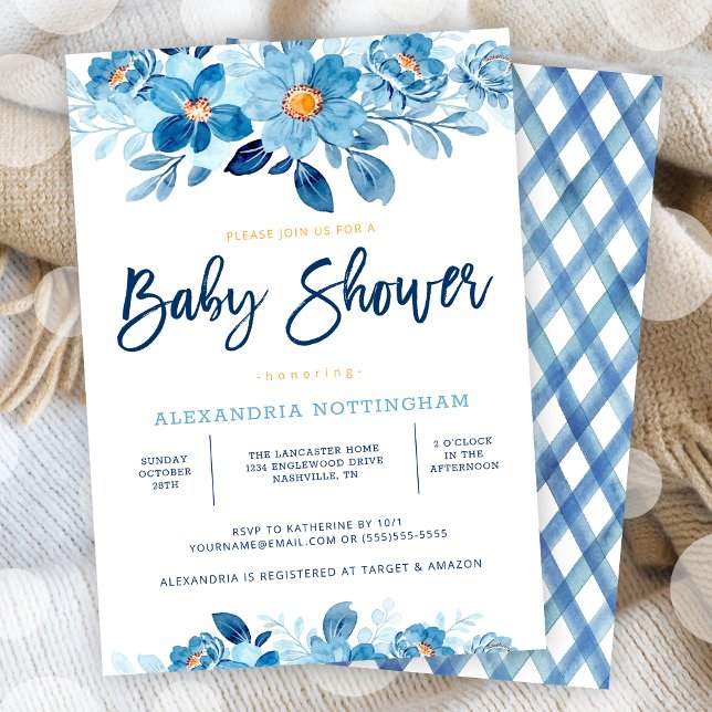 Baby Watercolor Blommigt Baby Shower Inbjudningar (Blue Watercolor Floral Baby Shower Invitation)