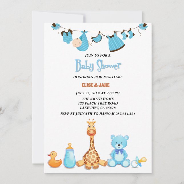 Baby Watercolor Clothes & Leksak Baby Shower Inbjudningar (Framsida)