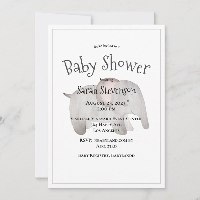Baby Watercolor Elephant Modern Baby Shower Inbjudningar (Framsida)