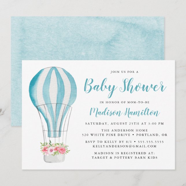 Baby Watercolor Luftballong Baby Shower Inbjudningar (Fram/baksida)