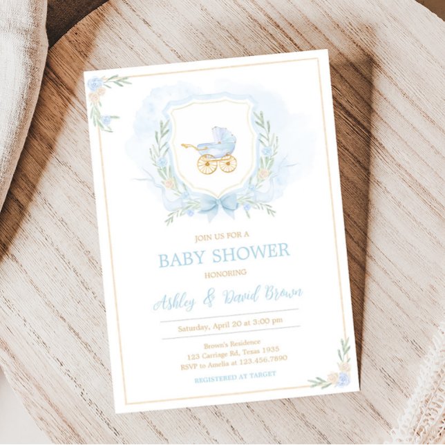 Baby Watercolor Vapensköld Baby Shower Inbjudningar (Blue Gold Carriage Crest Baby Shower Invitation)