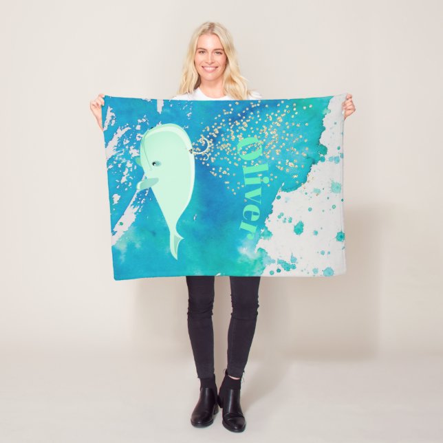 Baby Whale Guld Gnistra Blue Nautical Personal Fleecefilt (På plats)
